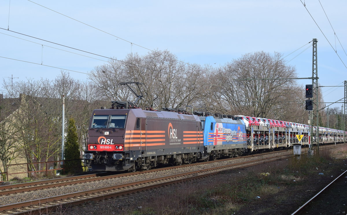 185 600 zieht 186 381 mit einem Autozug durch Meiderich Süd gen Moers.

Duisburg Meiderich 20.02.2021