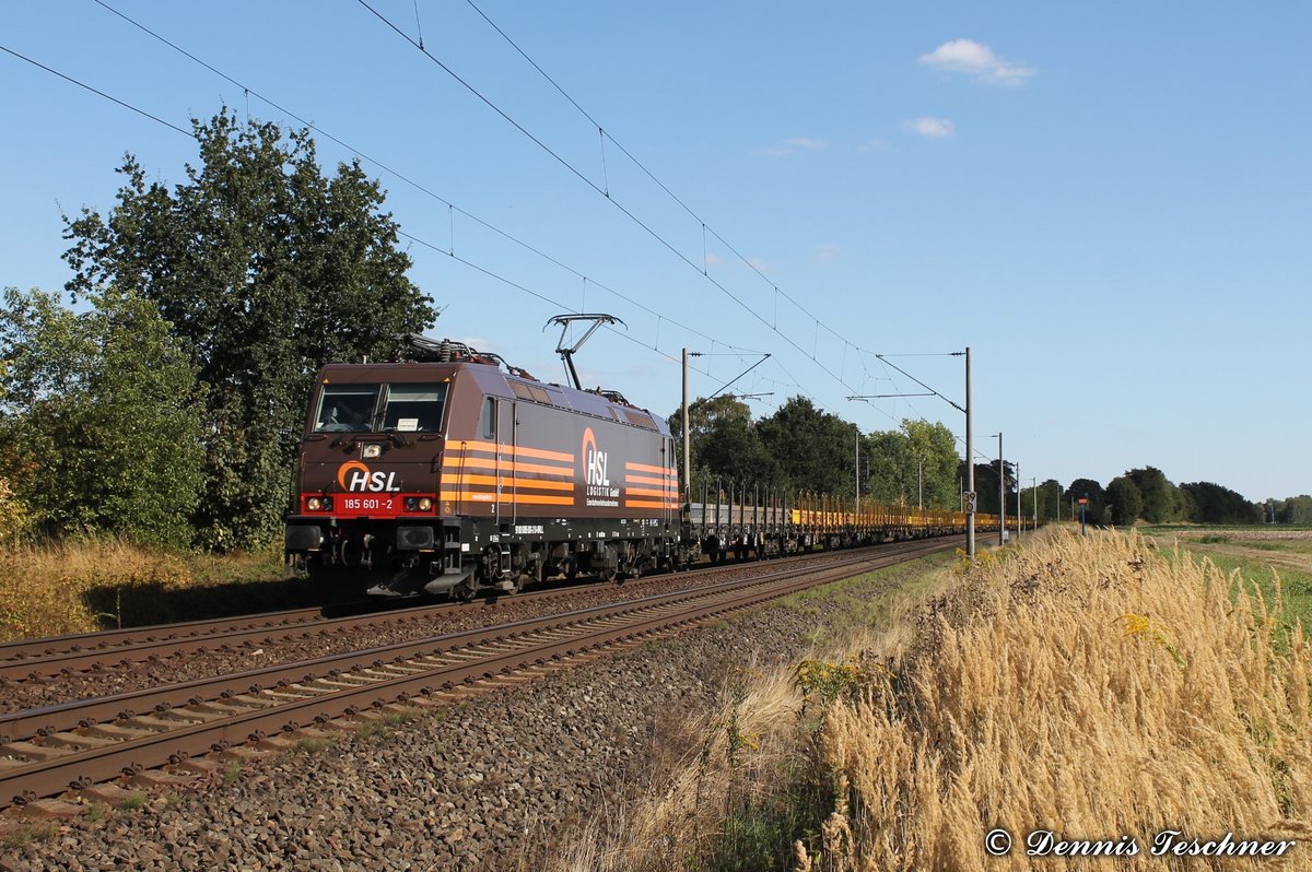 185 601-2 HSL mit Flachwagen bei Woltorf am 30.08.2016