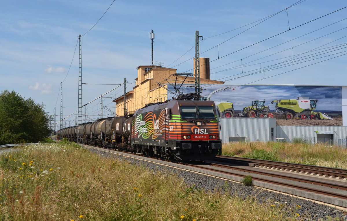 185 602 der HSL schleppte am 20.07.19 einen Kesselwagenzug durch Landsberg Richtung Bitterfeld.