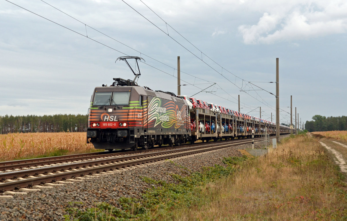 185 602 der HSL schleppte am 07.09.19 einen BLG-Autozug durch Marxdorf Richtung Falkenberg(E).