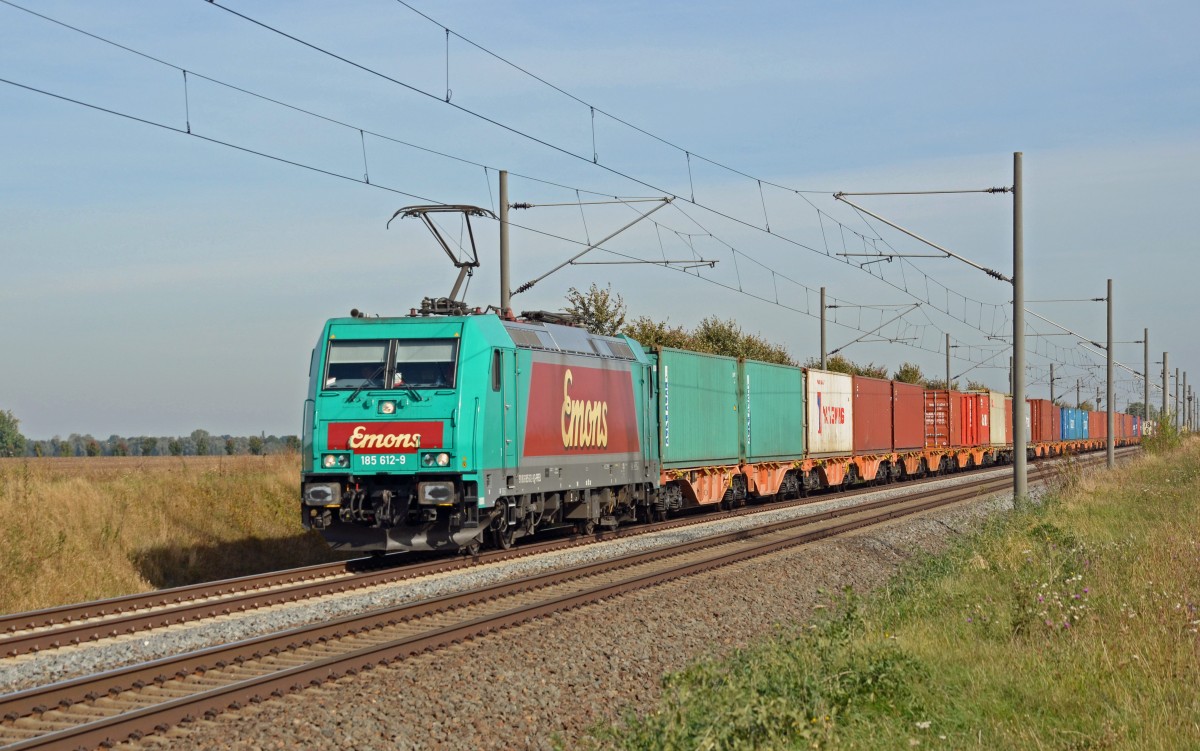 185 612 hatte am 04.10.13 einen Containerzug nach Dresden am Haken als sie mit ihrer Fracht durch Braschwitz Richtung Halle(S) rollte.