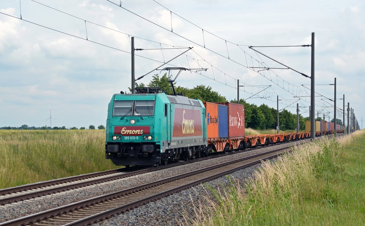 185 612 rollte mit einem Containerzug am 22.06.16 durch Braschwitz Richtung Halle(S). 