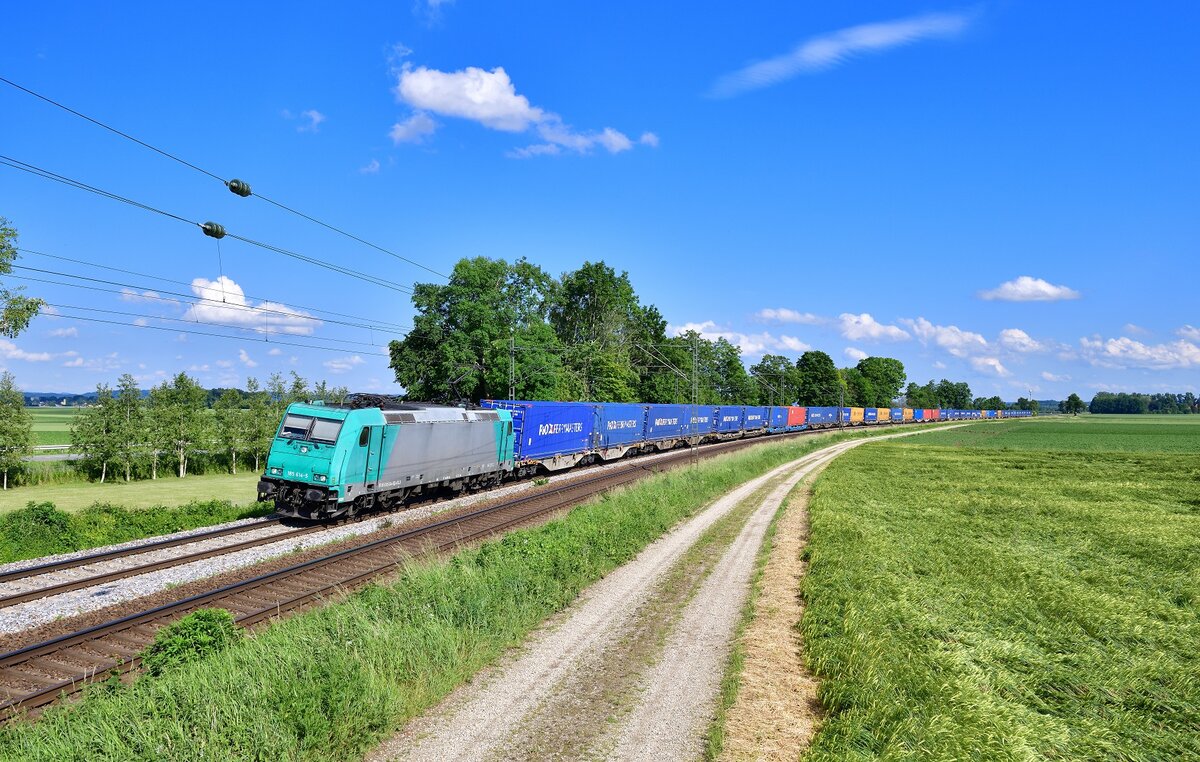 185 614 mit einem Containerzug am 06.06.2022 bei Langenisarhofen.