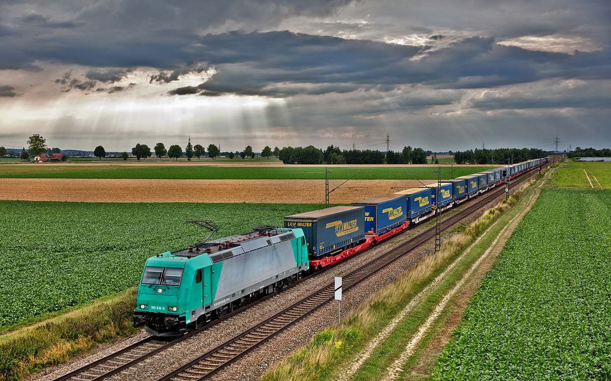 185 616 fährt bei Loh mit einem LKW Walterzug nach Süd.Bild vom 8.8.2017