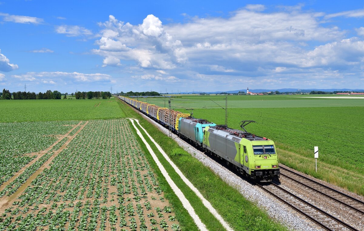 185 630 + 185 607 mit einem Holzzug am 11.06.2022 bei Stephansposching.