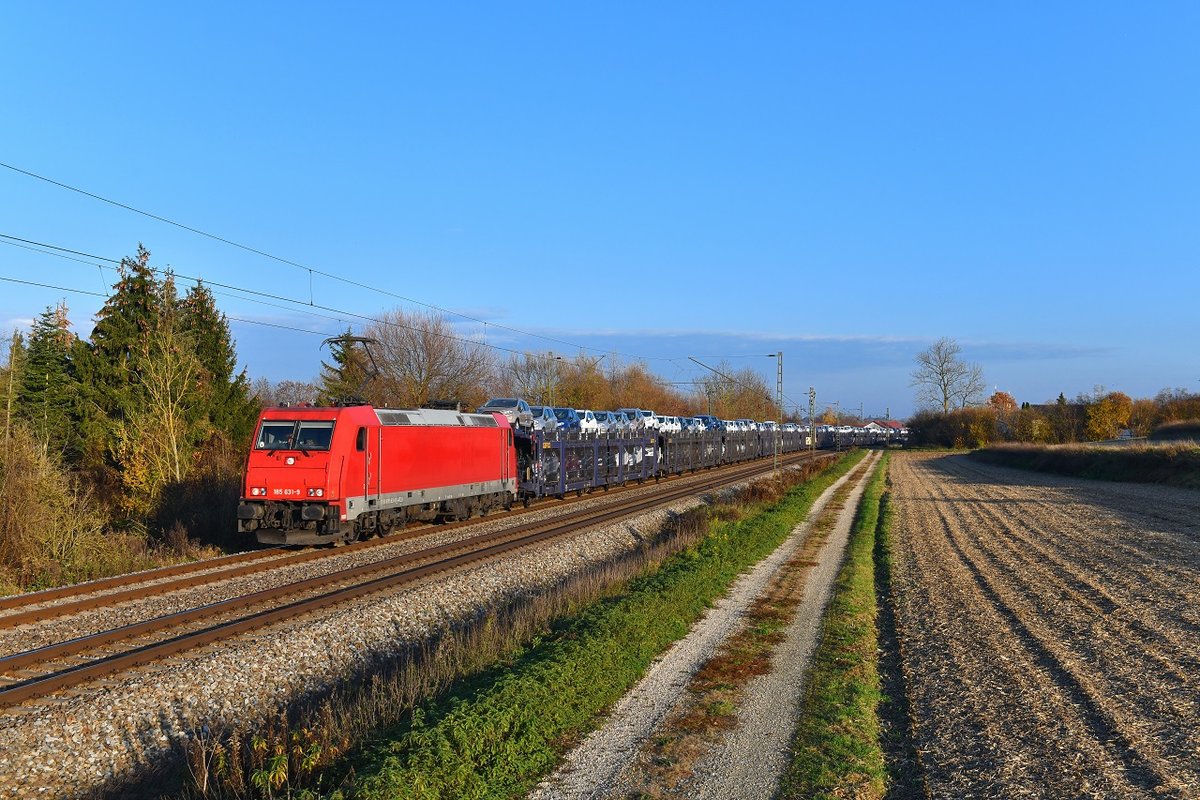185 631 mit einem Autozug am 11.11.2018 bei Langenisarhofen. 