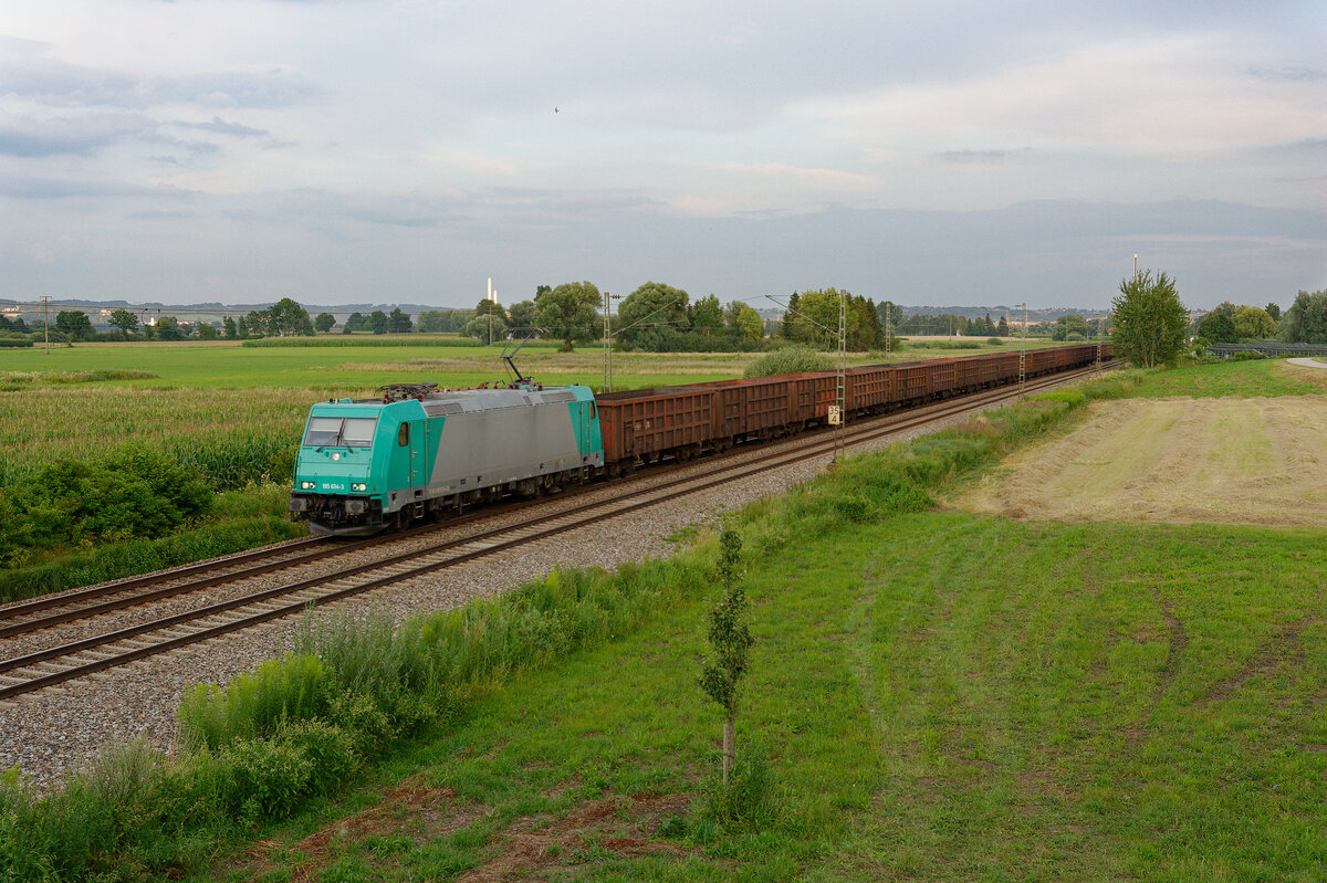 185 634 ATLU mit einem E-Wagenzug bei Osterhofen Richtung Plattling, 21.07.2020