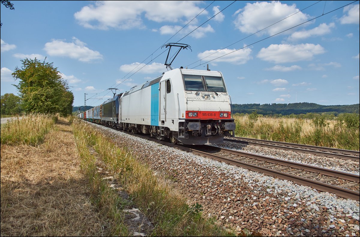 185 636-8 u.185 563-4 sind am 16.08.2018 mit einen Holzzug bei Pölling zu sehen.