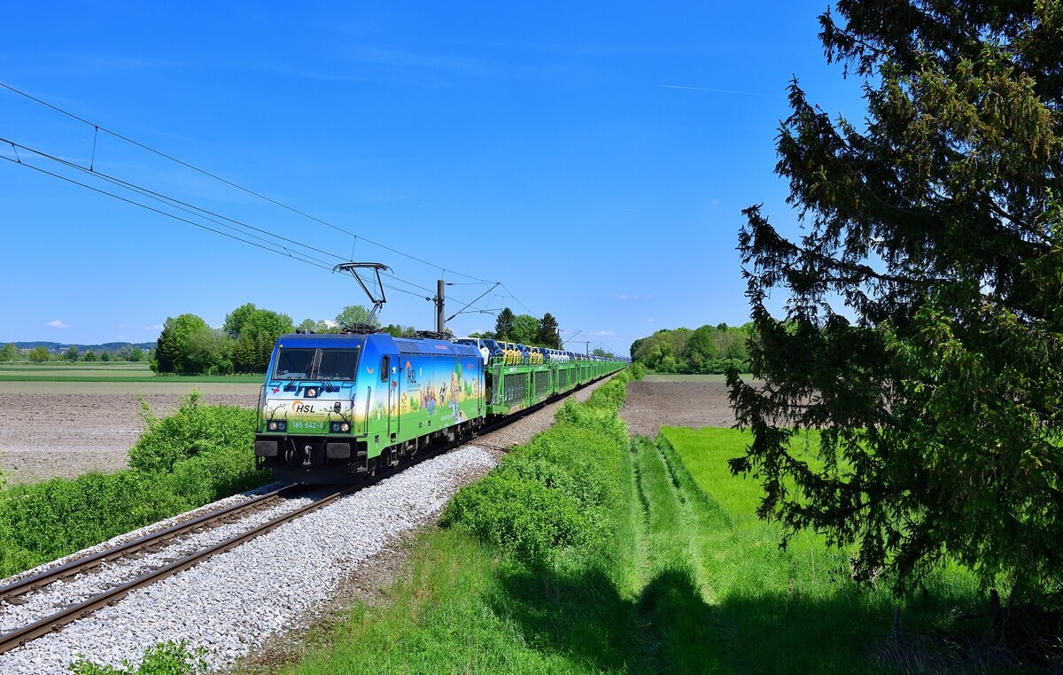 185 642 mit einem Autozug am 15.05.2022 bei Niederaichbach.