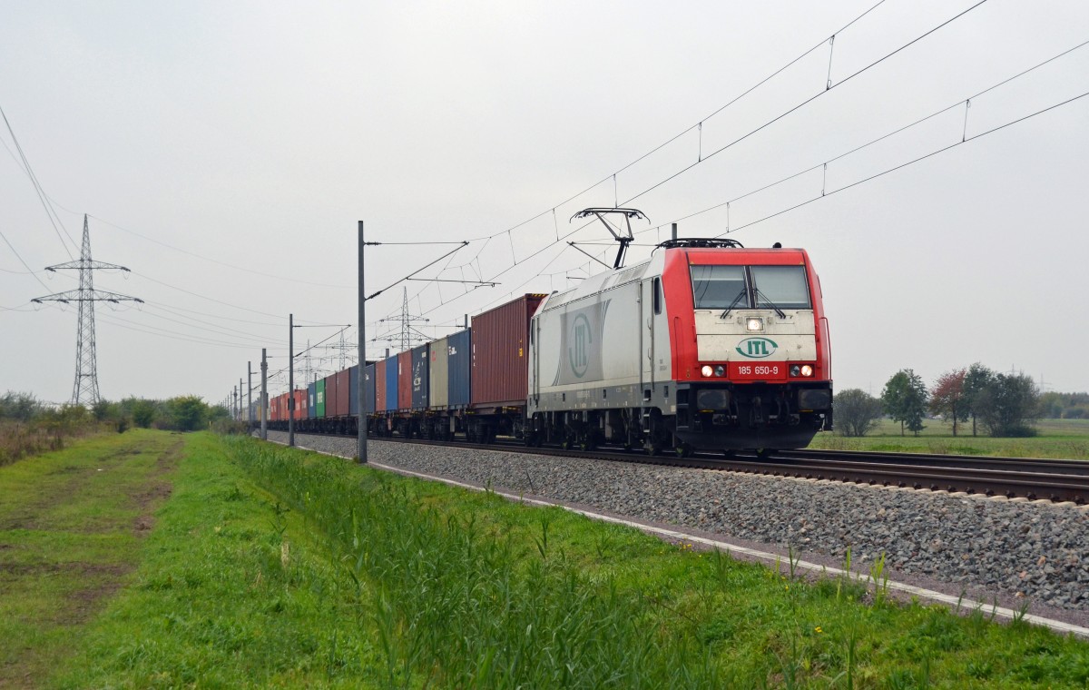185 650 fuhr am 16.10.14 mit einem Containerzug durch Braschwitz Richtung Magdeburg.