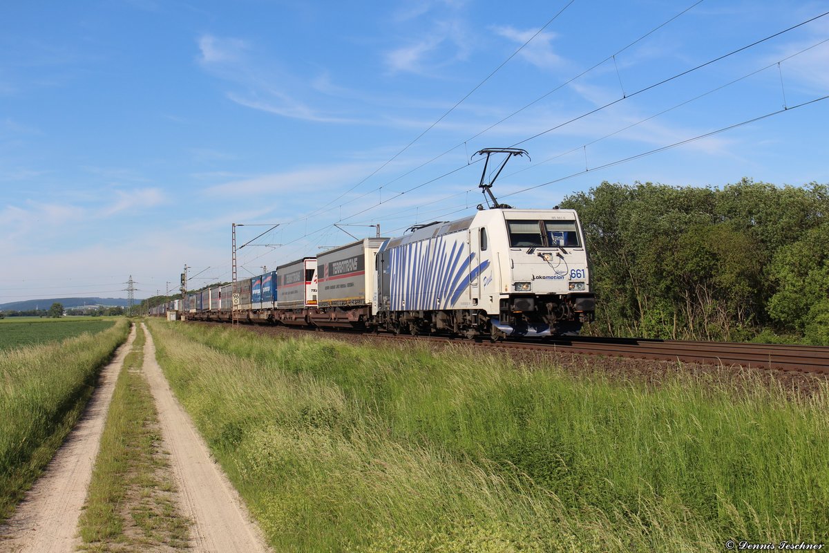 185 661 Lokomotion mit Paneuropa/Terratrans-KLV auf dem Weg in den Süden, fotografiert bei Nörten-Hardenberg am 02.06.2019