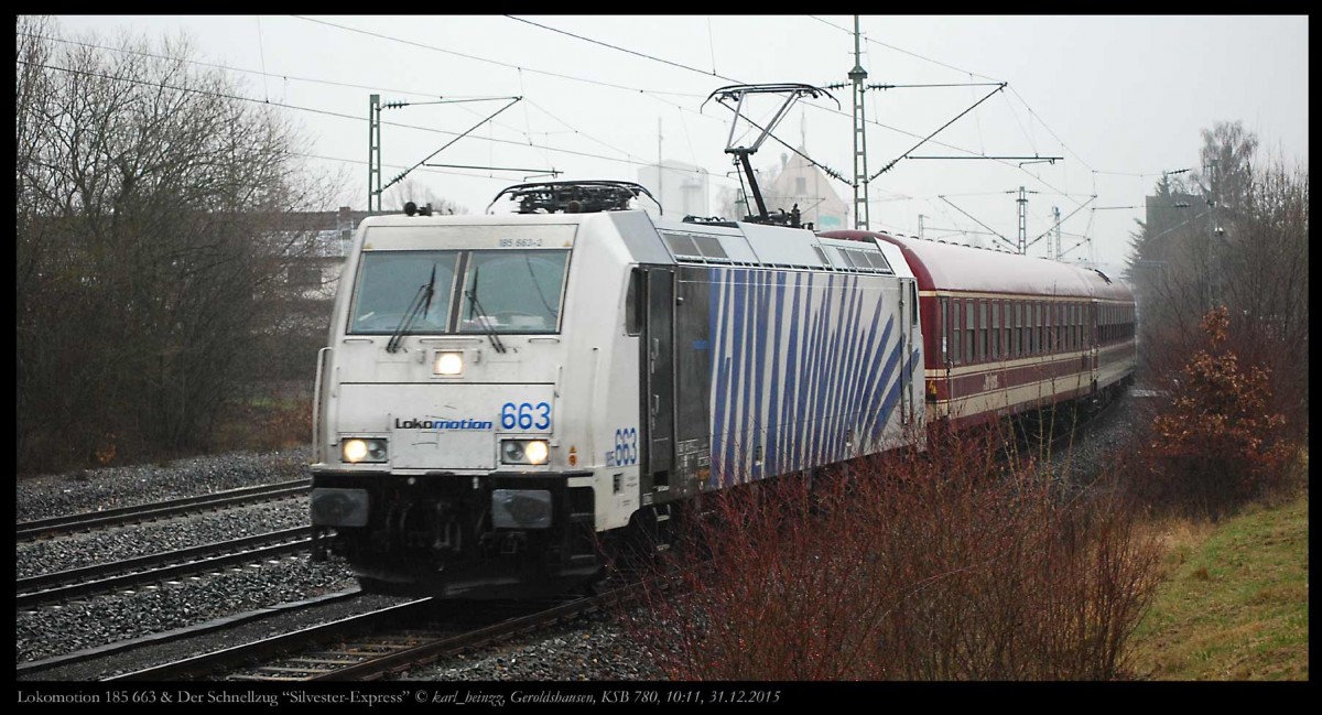 185 663 & Der Schnellzug  Silvester-Express  fährt pünktlich bei strömendem Regen durch Geroldshausen bei Würzburg, KBS 780. Fotografiert um 10:11 Uhr am Silvestertag 2015.
