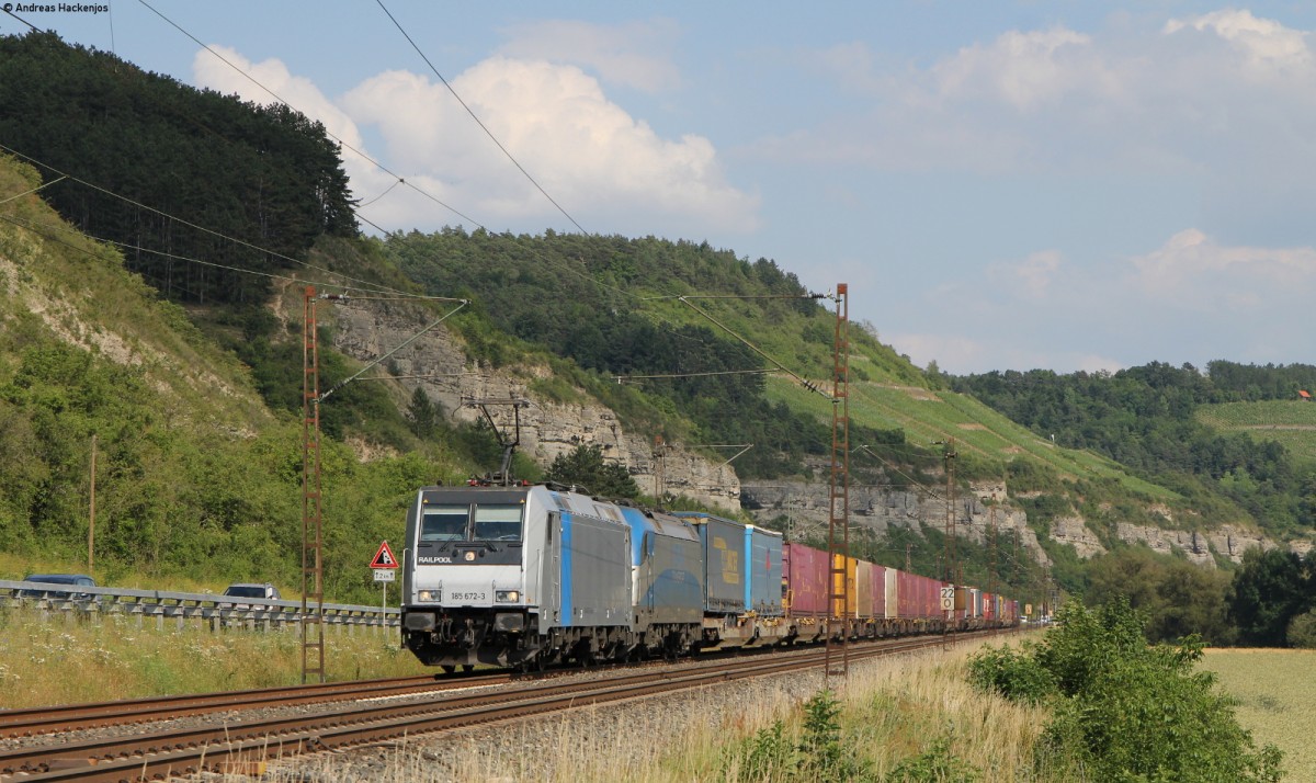 185 672-3 und 1216 920-9 (kalt) mit einem KV Zug bei Karlstadt 18.6.14