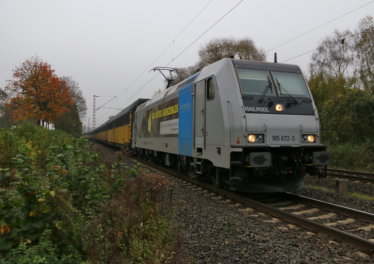 185 672-3  Gut, Güter, Grenzenlos  mit geschlossenen ARS-Autotransportwagen in Fahrtrichtung Süden. Aufgenommen in Wehretal-Reichensachsen am 30.10.2014.