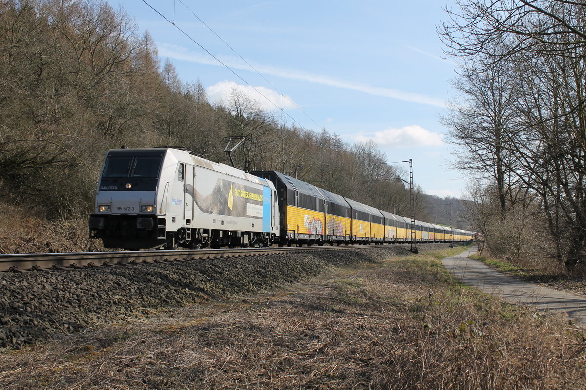 185 672-3 RTB mit Altmannzug bei Erzhausen am 24.03.2016