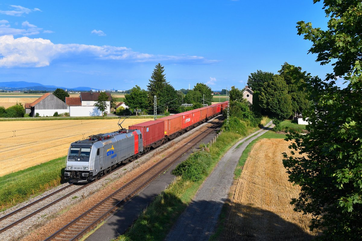 185 685 mit einem Containerzug am 04.08.2019 bei Stephansposching. 