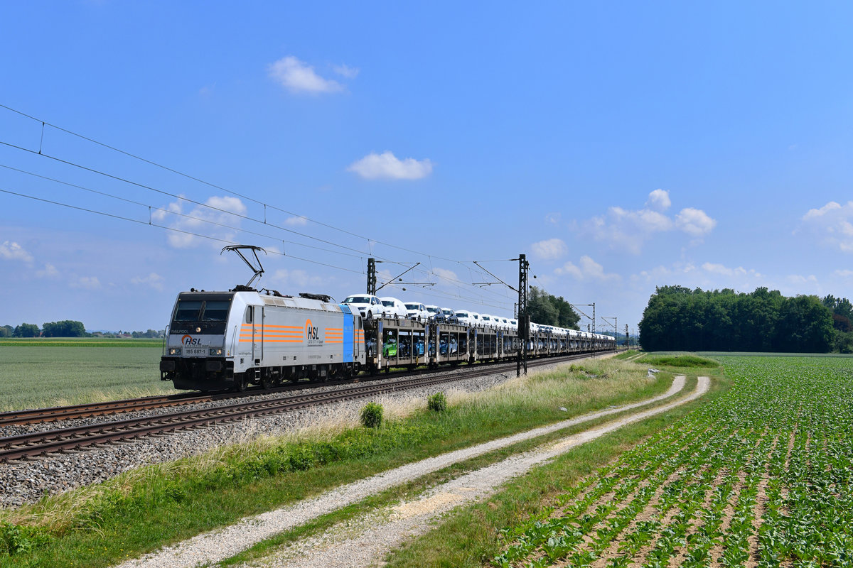 185 687 mit einem Autozug am 30.05.2018 bei Langenisarhofen.  