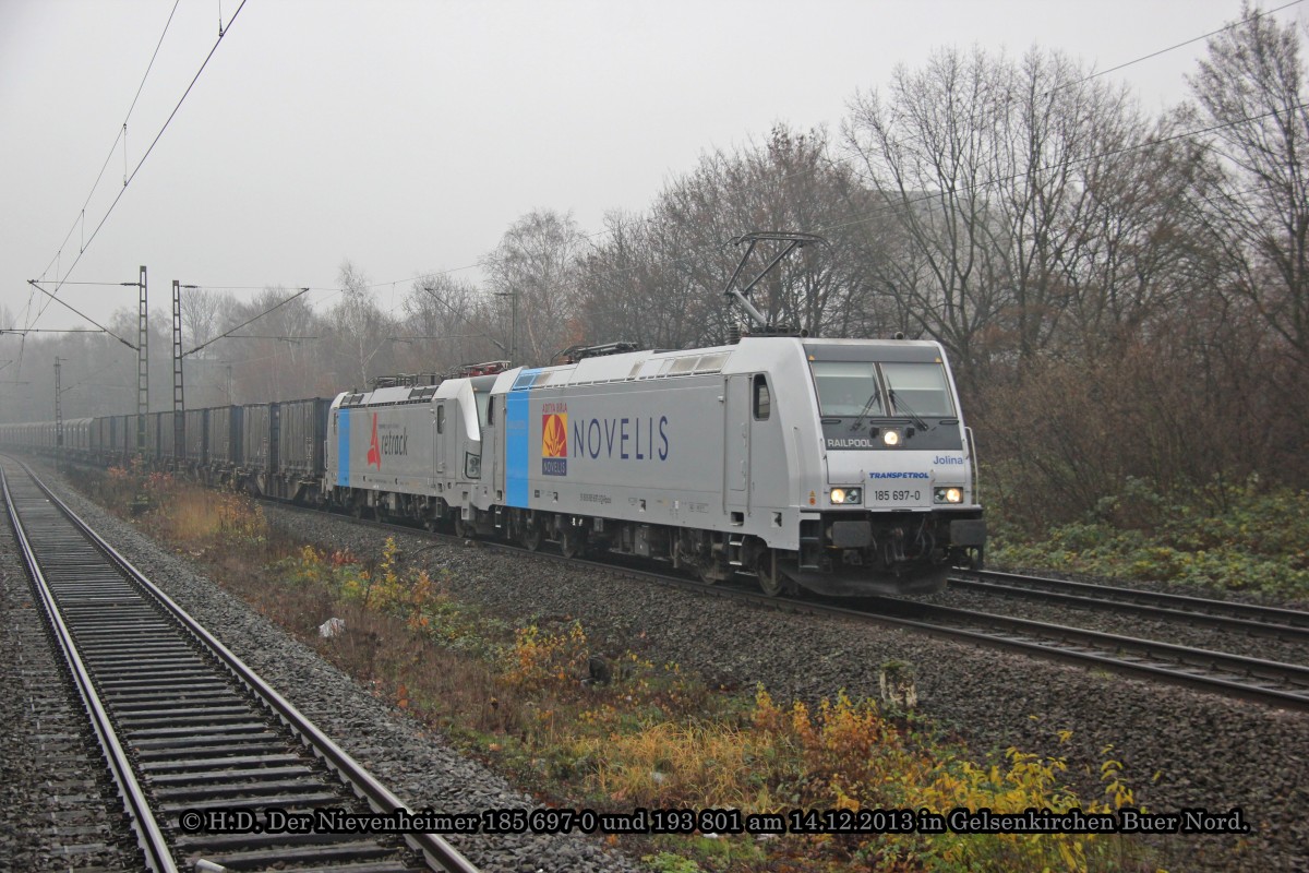 185 697-0 Railpool Novelis & 193 801 Railpool retrack mit Nievenheimer in Gelsenkirchen Buer Nord, Dezember 2013.