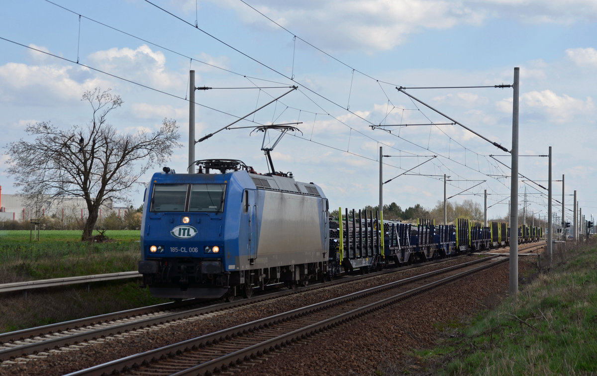 185-CL 006 der ITL beförderte am 08.04.16 den aus Zeithain kommenden Stahlzug durch Rodleben Richtung Magdeburg. Ziel des Zuges ist der Ruhrpott.