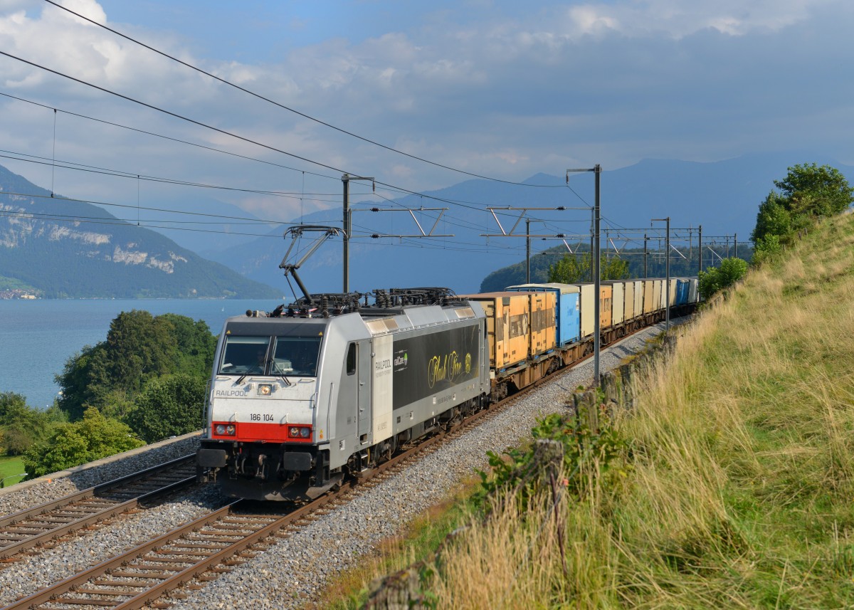 186 104 mit einem Containerzug am 30.08.2013 bei Einigen. 