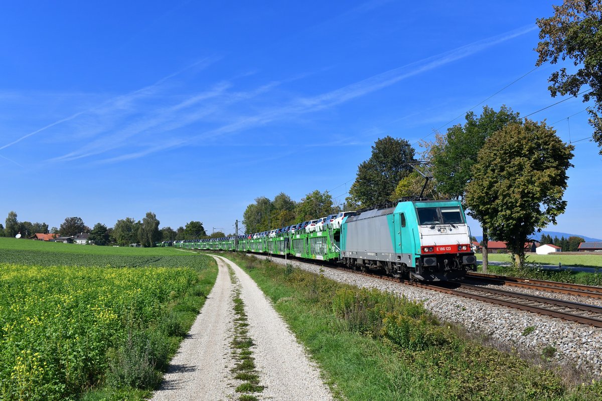 186 123 mit einem Autozug am 16.09.2018 bei Langenisarhofen. 