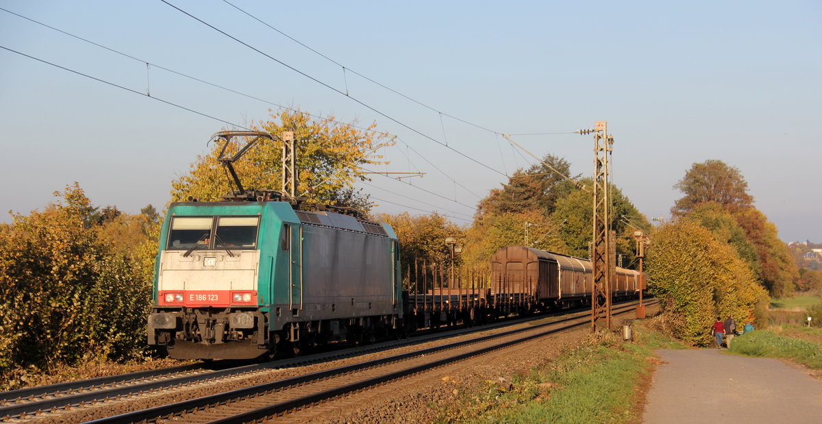 186 123 von Railtraxx kommt die Gemmenicher-Rampe hochgefahren aus Richtung Aachen-West mit einem schweren gemischten Güterzug aus Linz Voestalpine(A) nach Antwerpen-Waaslandhaven(B) und am Ende fährt 185 510-5 von Railtraxx als Schubhilfe bis zum Gemmenicher-Tunnel. Aufgenommen an der Montzenroute am Gemmenicher-Weg. 
Bei schönem Herbstwetter am Nachmittag vom 4.11.2018.