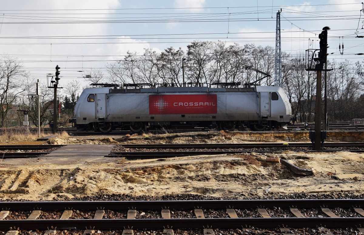 186 150-9 Crossrail kommt in Ruhland an. Aufgenommen am 25.02.2016.

