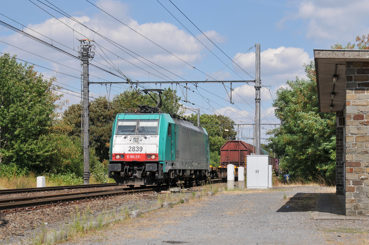 186 231 alias 2839 zieht einen gemischten Güterzug durch Bassenge Richtung Tongeren. Aufnahme vom 11/08/2018.
