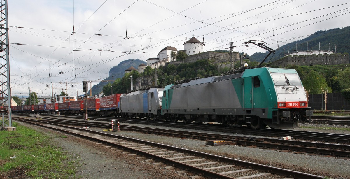 186 247-3 LM und 186 286-1 LM mit einem Winner Zug am 3.9.2014 bei der Ausfahrt in Kufstein Richtung Brenner.
