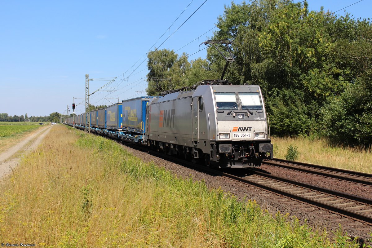 186 351-3 Akiem mit einem LKW-Walter Zug bei Woltorf am 24.07.2018