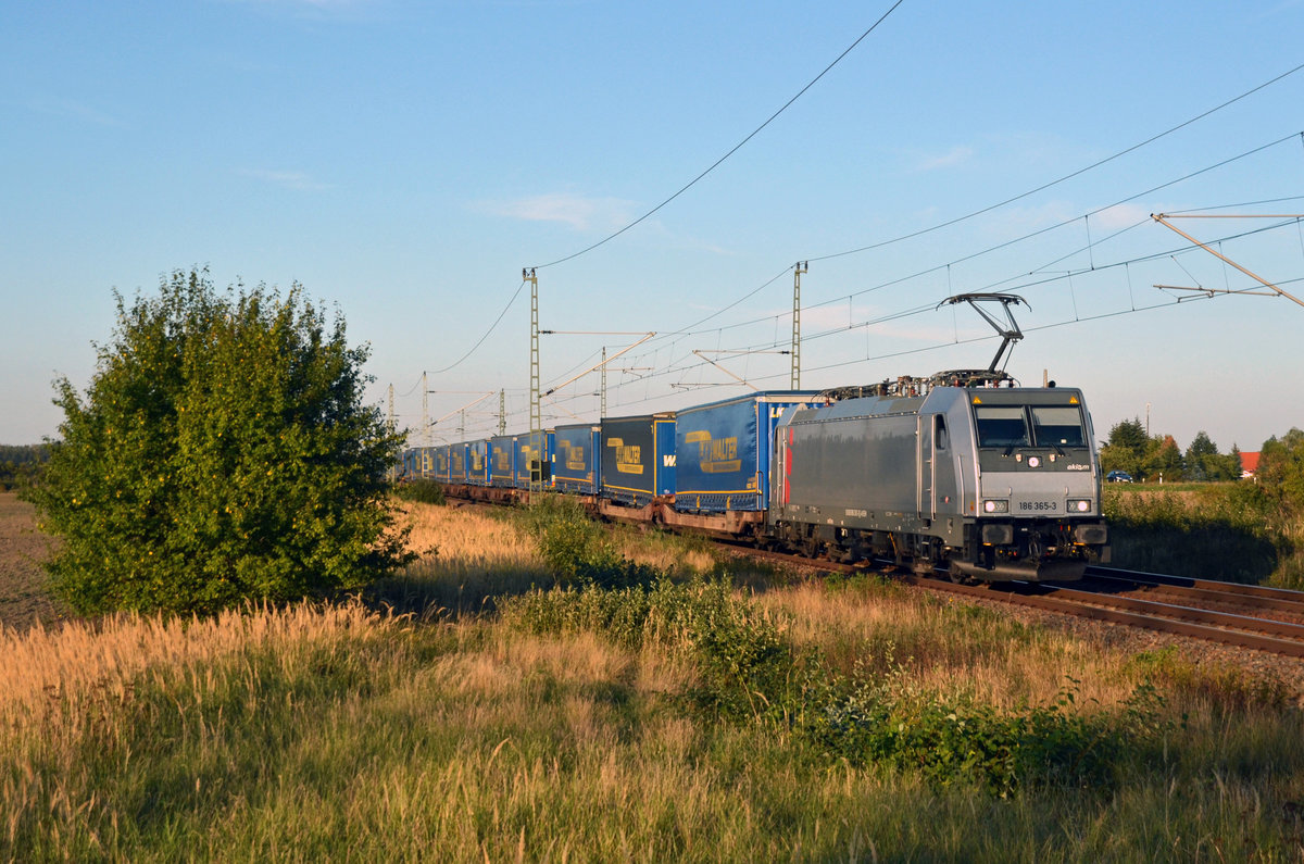 186 365 der akiem führte für die HSL am 20.09.20 einen LKW-Walther-KLV durch Gräfenhainichen Richtung Bitterfeld.