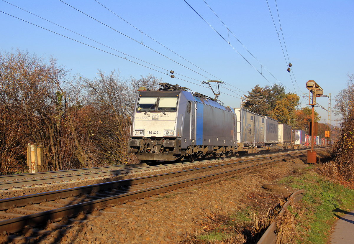 186 427-1 von Railpool/Lineas kommt aus Richtung Aachen-West und fährt die Gemmenicher-Rampe hochgefahren mit einem langen Containerzug aus Gallarate(I) nach Antwerpen-Oorderen(B) und fährt in Richtung Montzen/Belgien. 
Aufgenommen an der Montzenroute am Gemmenicher-Weg. 
Bei schönem Herbstwetter am Kalten Nachmittag vom 18.11.2018.