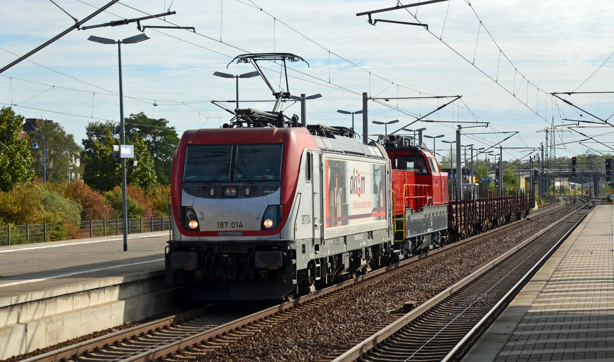 187 014 führte am 09.09.18 eine Schweizer Lok der Reihe Aem 940 durch Bitterfeld Richtung Dessau. Ziel war die Innotrans in Berlin.
