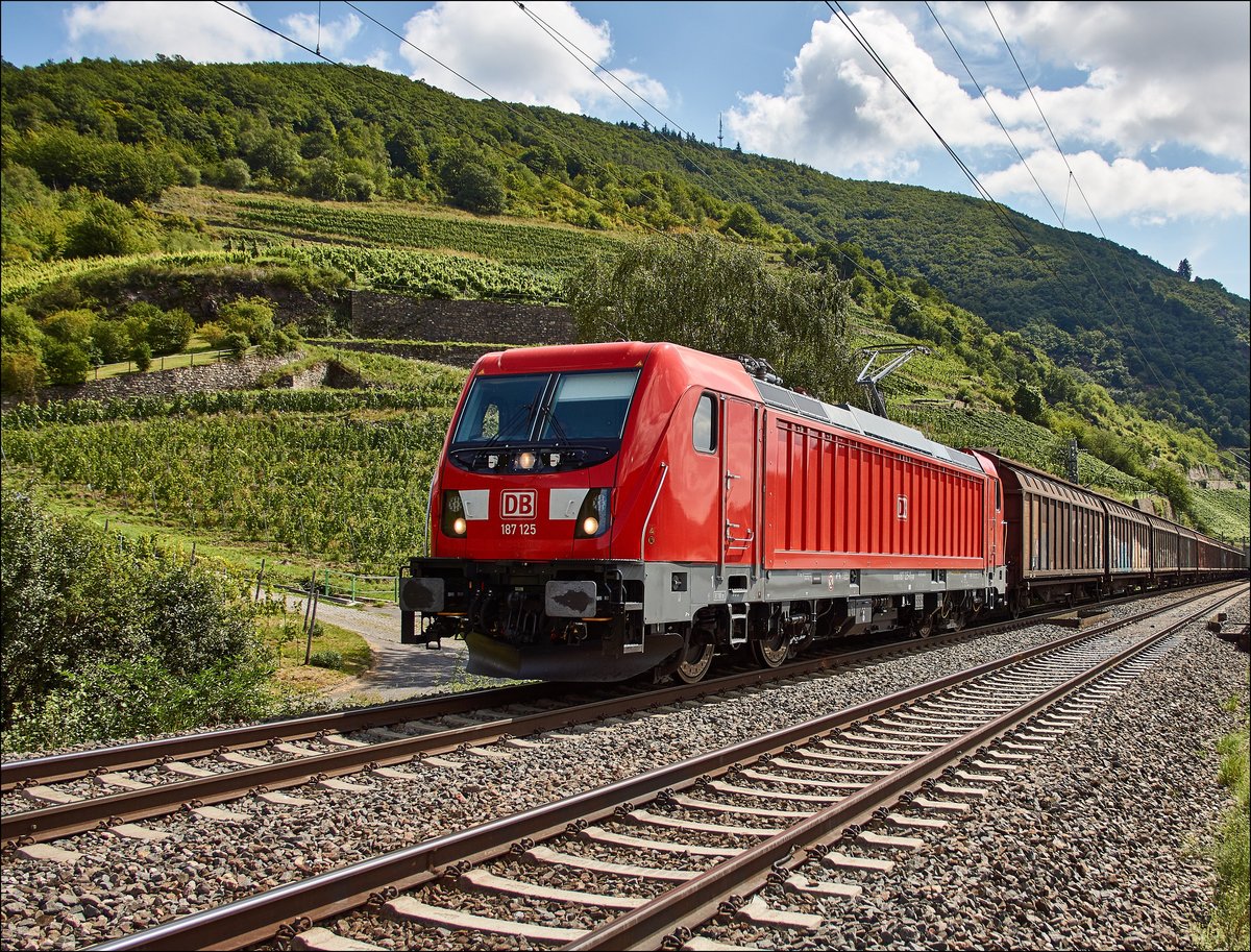 187 125 ist mit einen Schiebewandzug bei Assmannshausen am 09.08.2017 unterwegs.