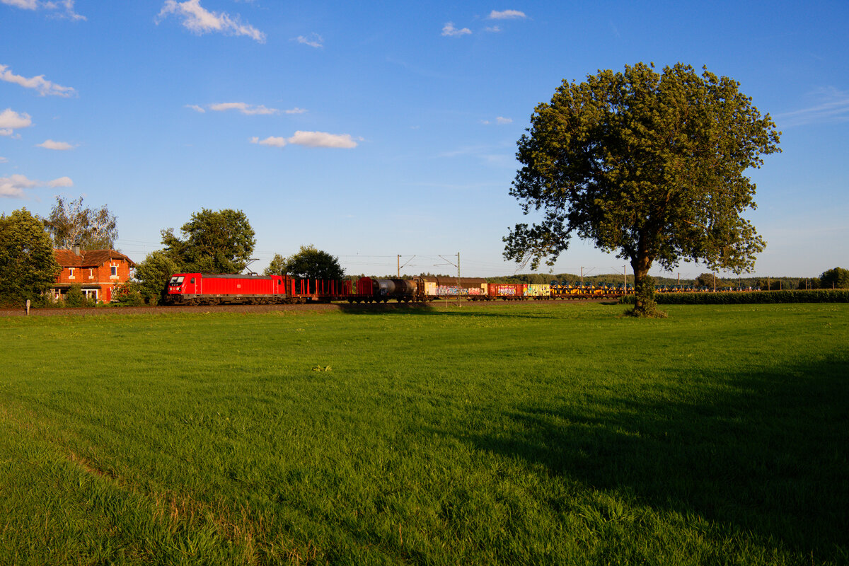 187 136 DB Cargo mit einem gemischten Güterzug bei Triesdorf Richtung Ansbach, 26.08.2020
