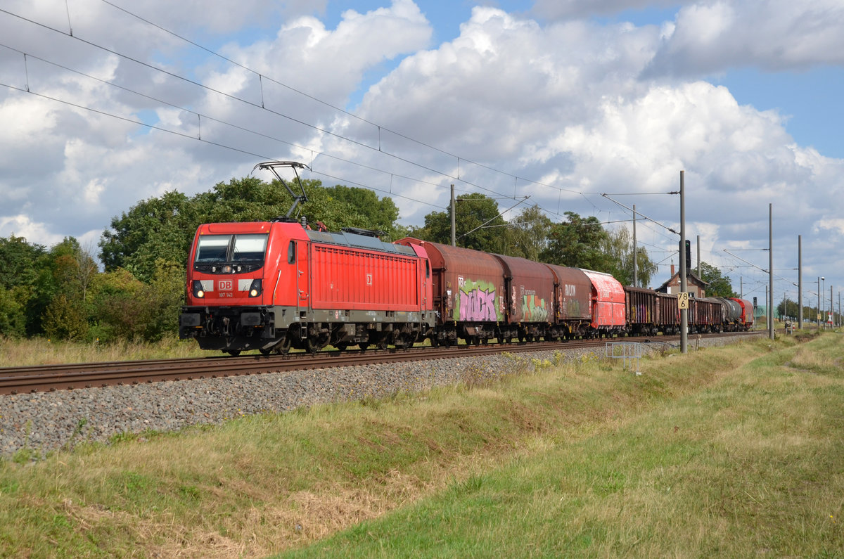 187 143 schleppte am 06.09.20 einen kurzen gemischten Güterzug durch Braschwitz Richtung Halle(S).