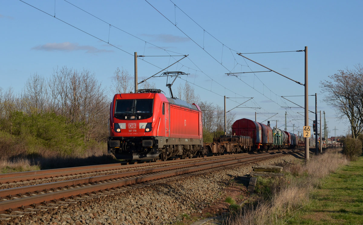 187 178 führte am 22.03.20 einen gemischten Güterzug durch Greppin Richtung Dessau.
