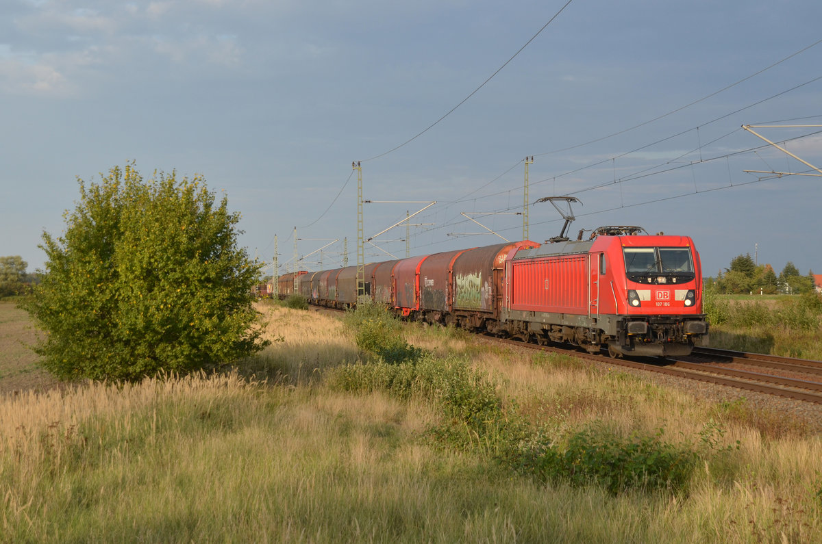 187 186 rollte am 23.09.20 mit einem gemischten Güterzug durch Gräfenhainichen Richtung Bitterfeld.