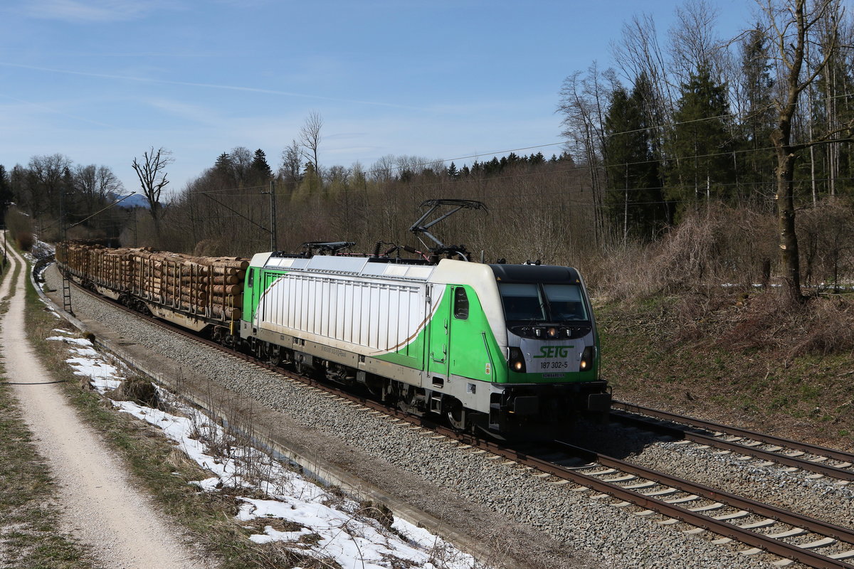 187 302 war mit einem Holzzug am 9. April 2021 bei Grabenstätt im Chiemgau auf dem Weg nach Freilassing.