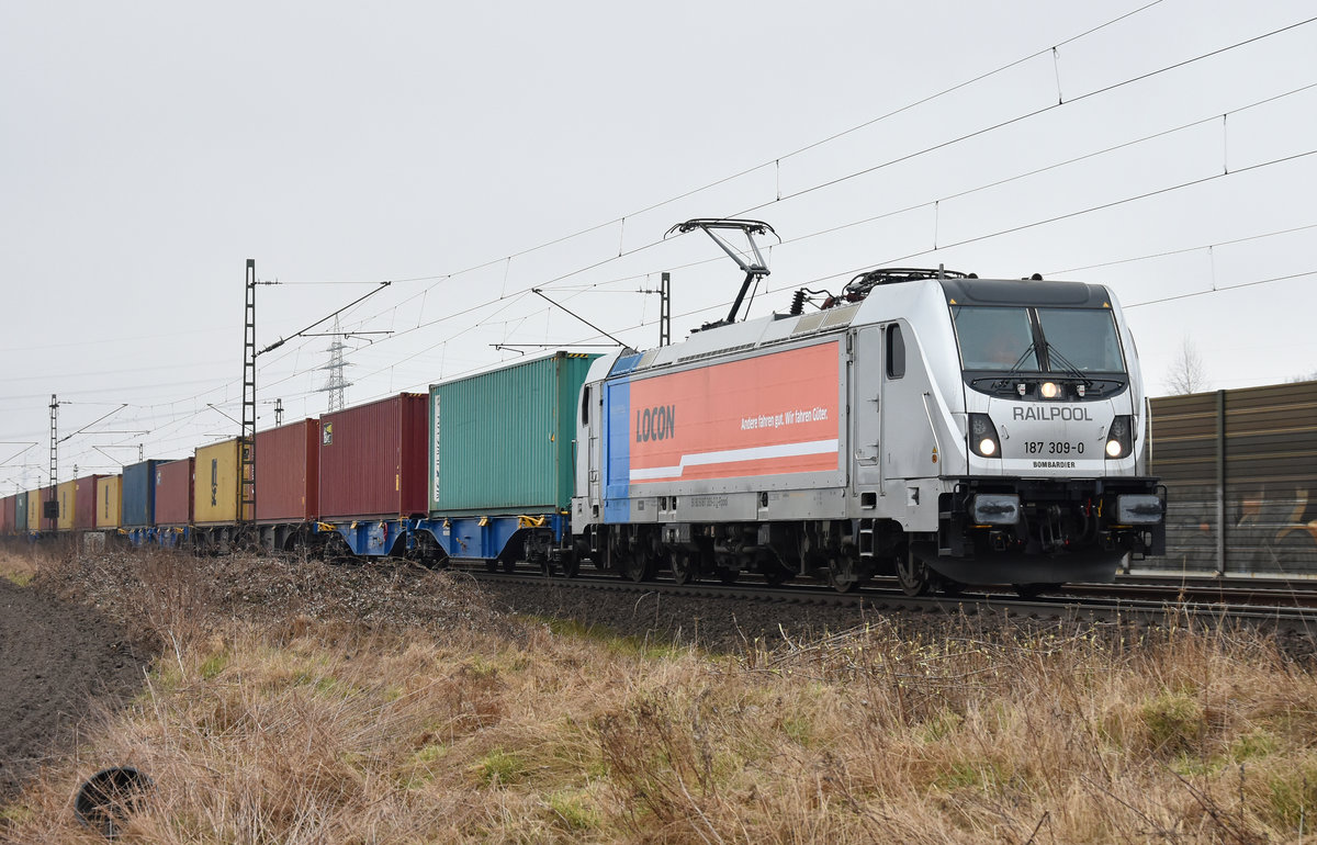 187 309-0 unterwegs mit Container für Locon, von Railpool. Höhe Bardowick, 26.03.2018