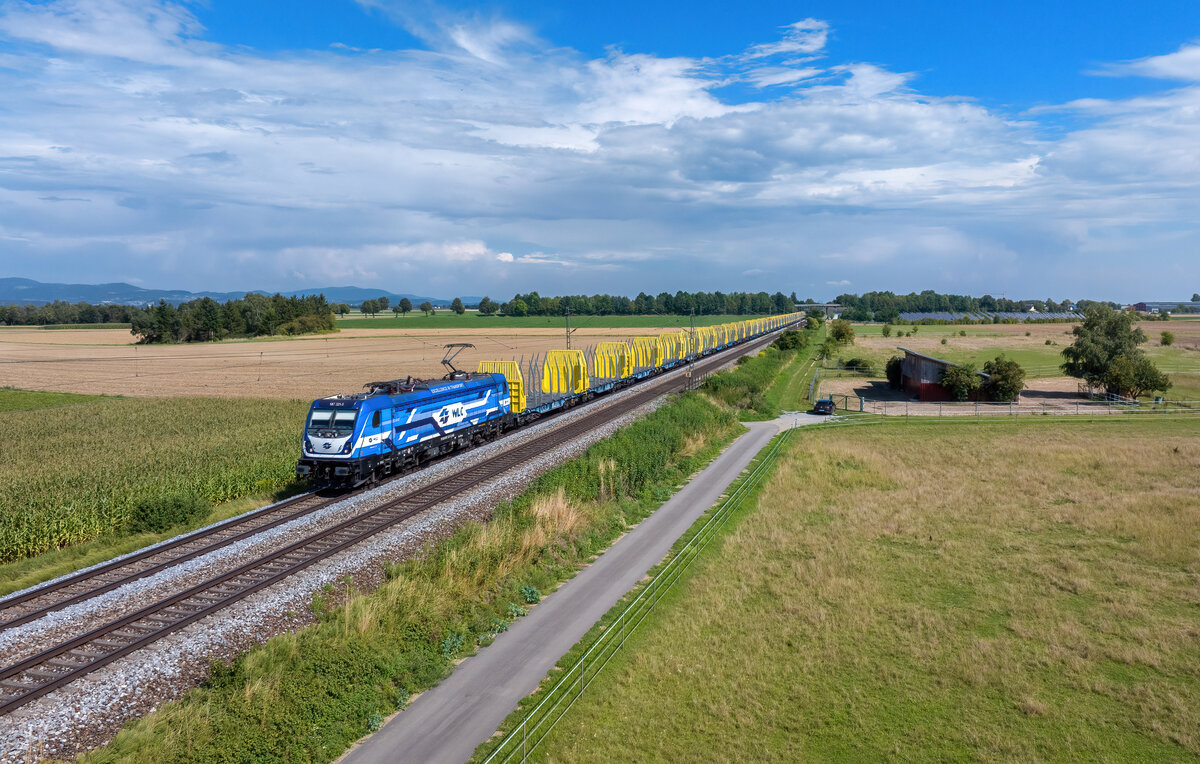 187 321 mit einem leeren Holzzug am 16.08.2023 bei Stephansposching.