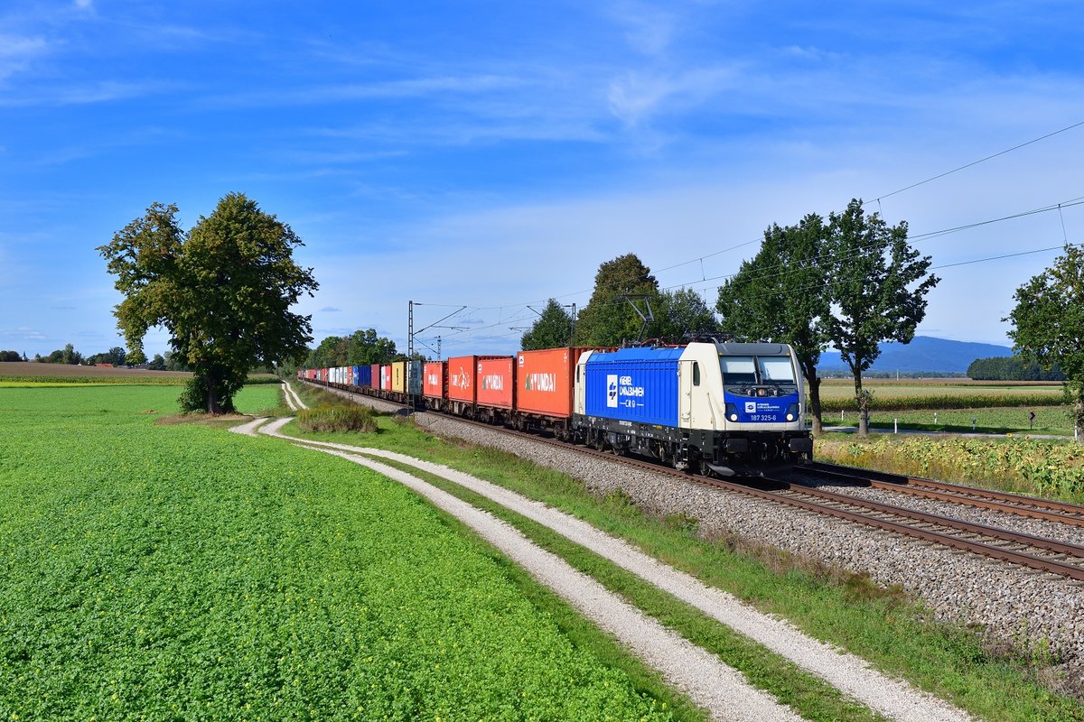 187 325 mit einem Containerzug am 19.09.2019 bei Langenisarhofen.