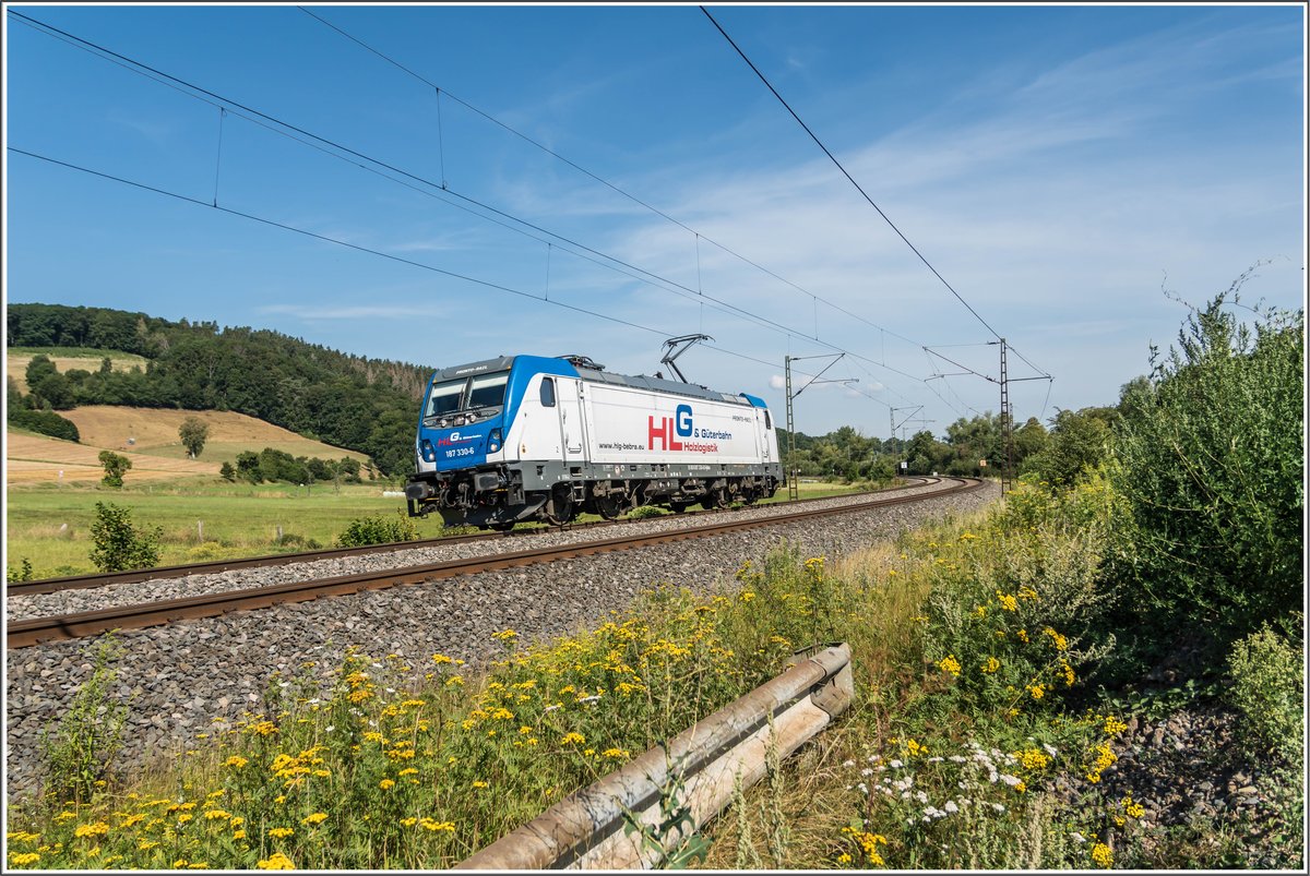 187 330-6 als Lz in Richtung Fulda unterwegs,gesehen am 05.08.2020 bei Hermannspiegel.