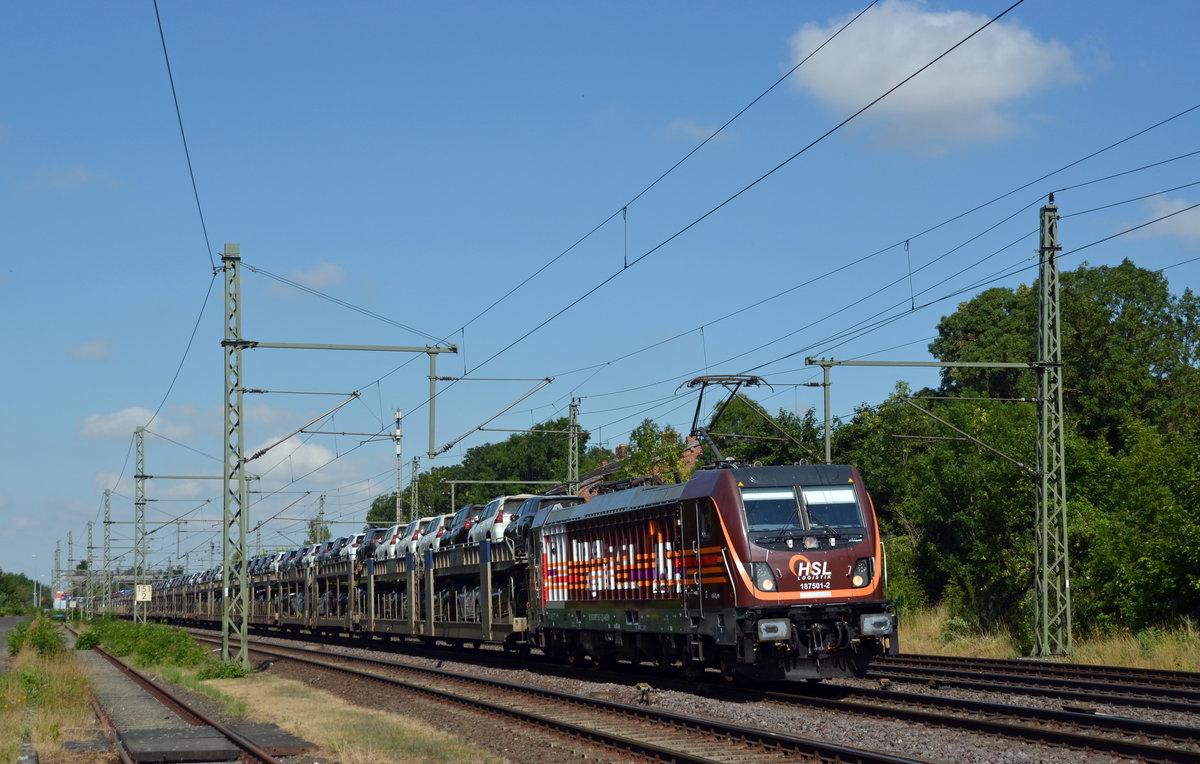 187 501 der HSL führte am 27.06.18 einen Autozug durch Niederndodeleben Richtung Magdeburg.