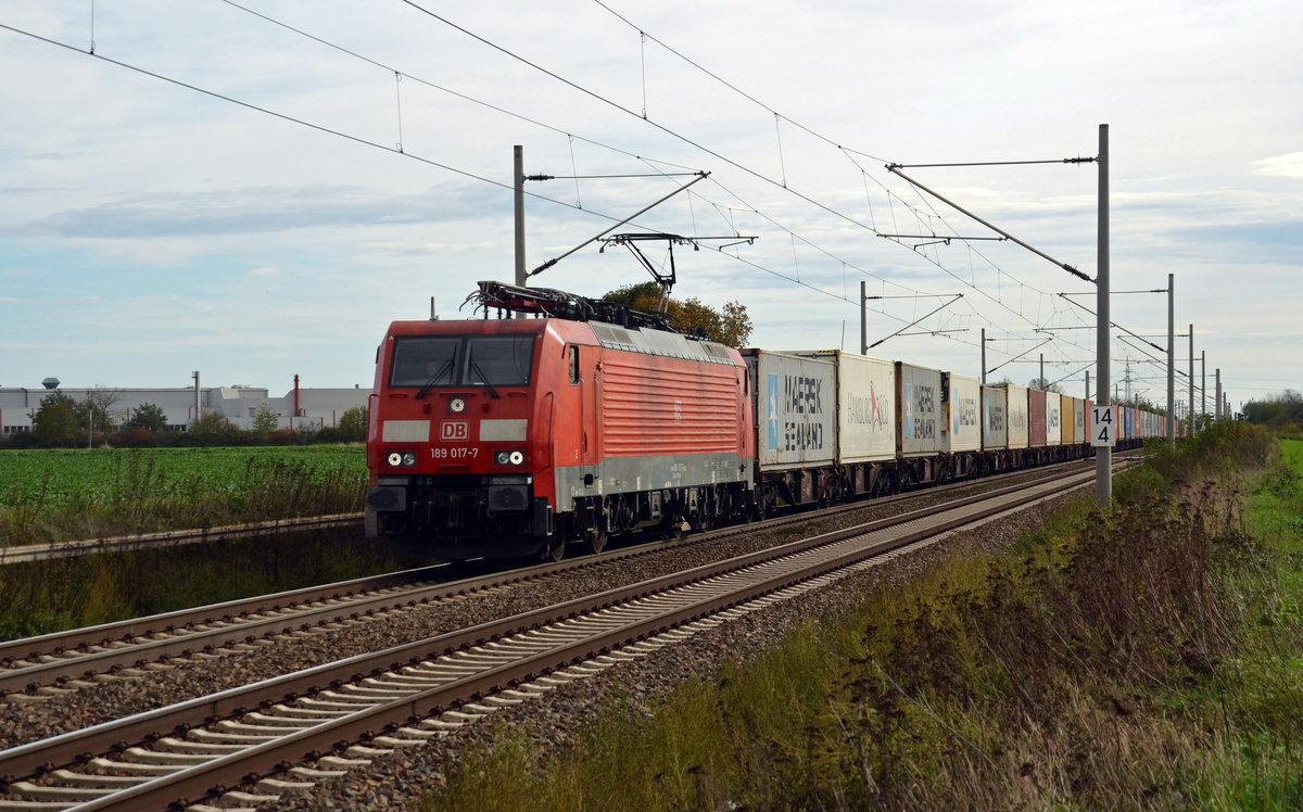 189 017 führte am 20.10.19 einen Containerzug von Melnik nach Bremerhaven durch Rodleben Richtung Magdeburg.