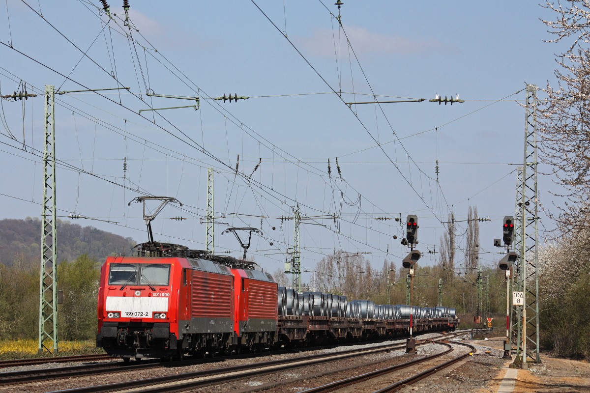 189 072  GZ 1000 +189 048 am 20.4.13 mit einem Coilzug in Unkel.