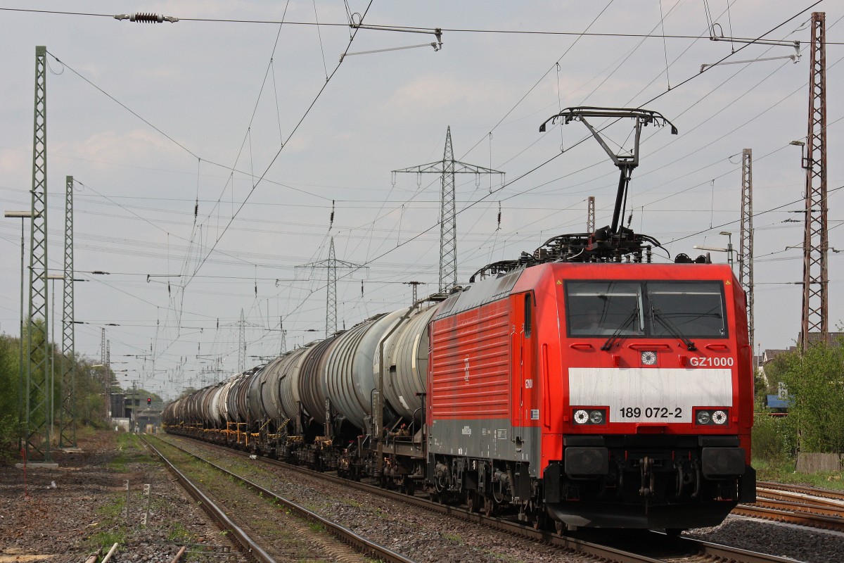189 072  GZ1000  am 30.4.13 mit einem gemischten Gterzug in Ratingen-Lintorf.