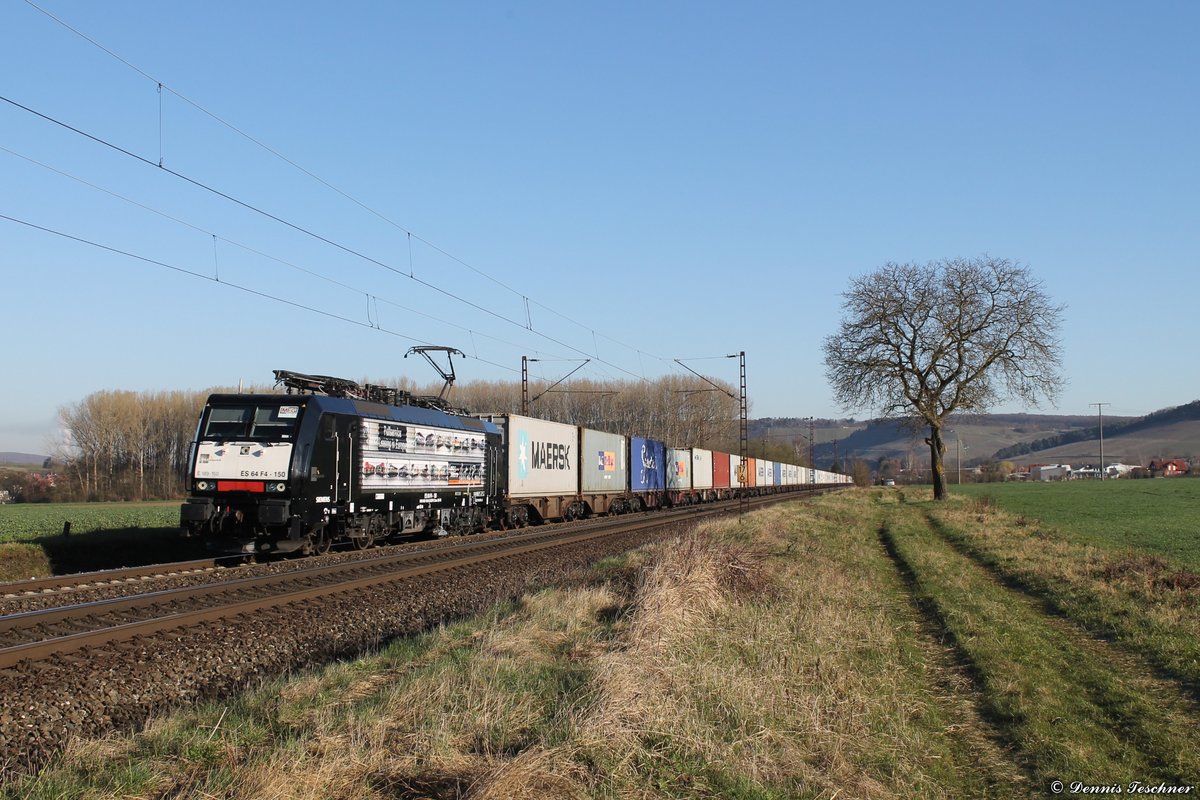 189 150 MEG mit einem Containerzug bei Retzbach-Zellingen am 28.03.2017