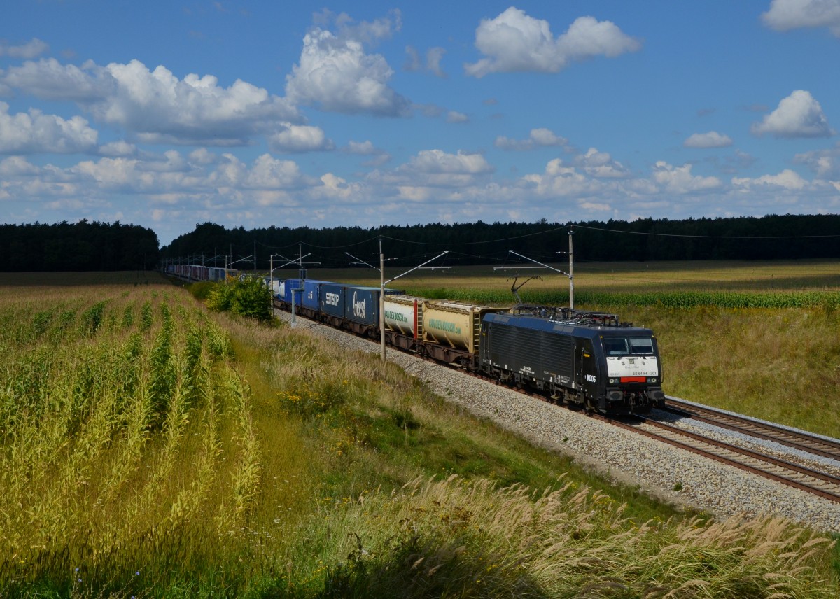 189 201 mit einem KLV am 28.08.2014 bei Frankfurt-Rosengarten. 