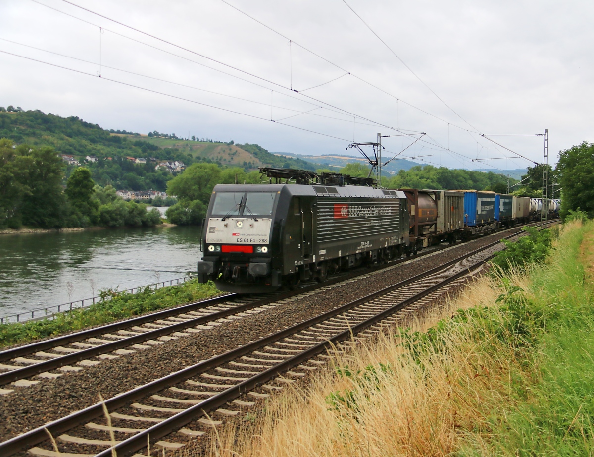 189 288 (ES 64 F4-288) mit KLV-Zug in Fahrtrichtung Rüdesheim. Aufgenommen am 14.07.2015 bei Lorch im Bächergrund.